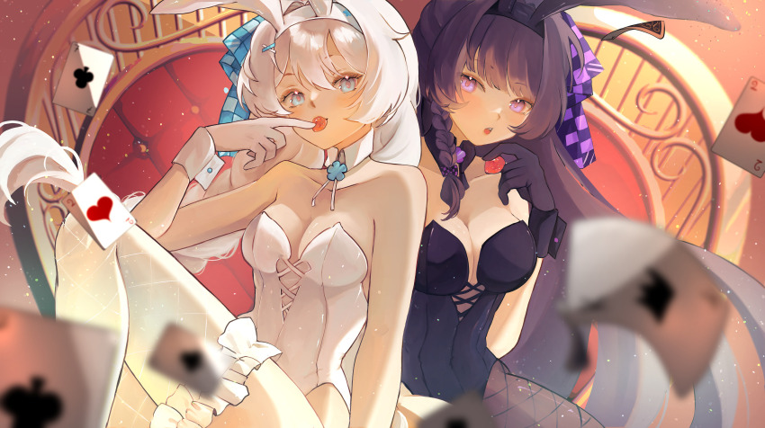 2girls animal_ears asymmetrical_legwear benghuai_xueyuan black_collar black_gloves black_leotard black_pantyhose blue_eyes braid breasts candy card collar detached_collar eating fake_animal_ears food frilled_thighhighs frills gloves hair_ornament hairclip highres holding holding_candy holding_food honkai_(series) kiana_kaslana large_breasts leotard mofumanju multiple_girls official_alternate_costume on_chair open_mouth pantyhose playboy_bunny playing_card purple_eyes purple_hair rabbit_ears raiden_mei side_braid single_braid single_leg_pantyhose single_thighhigh sitting strapless strapless_leotard thighhighs white_collar white_gloves white_hair white_leotard white_thighhighs