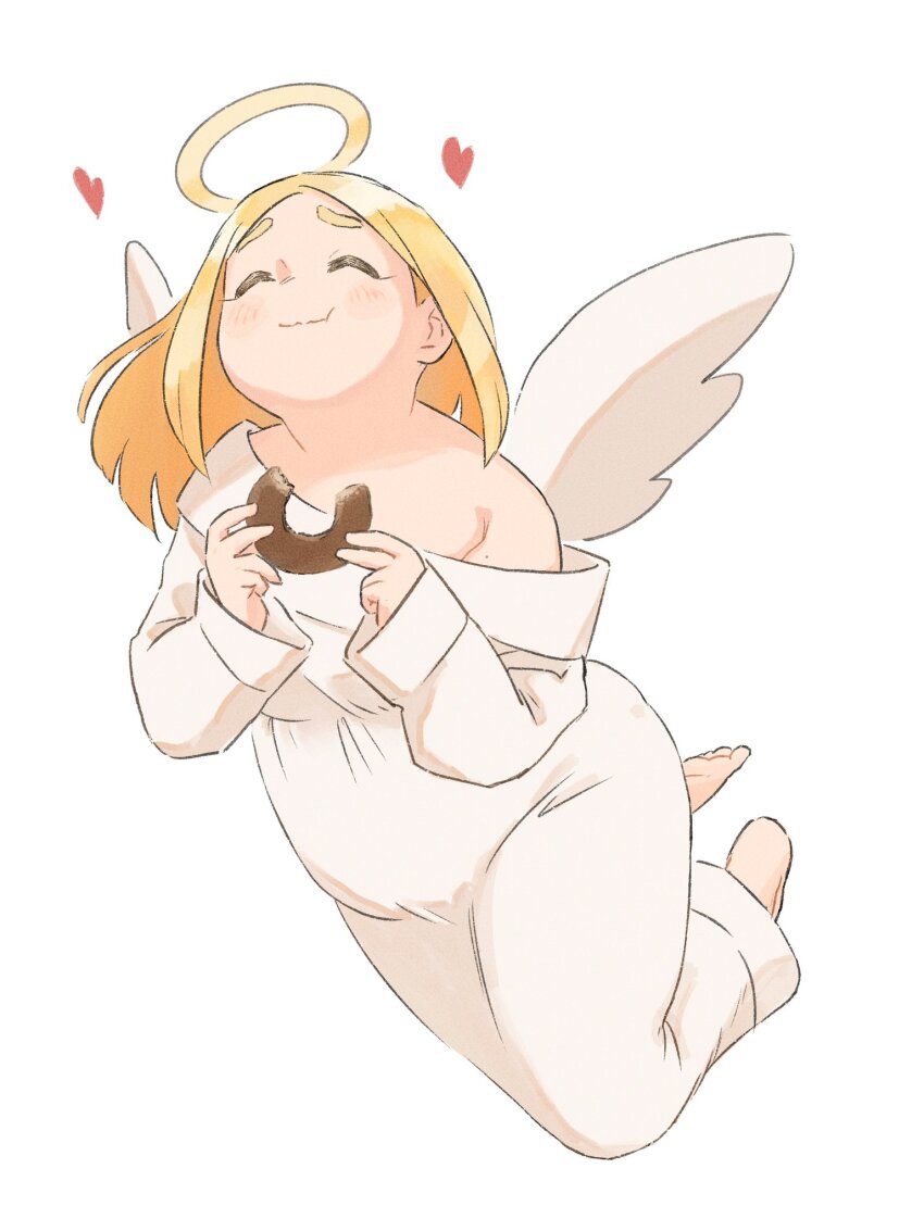 1girl angel angel_wings aruru_(rnruru) bare_shoulders barefoot blonde_hair blush breasts closed_eyes closed_mouth doughnut dress fat food full_body halo heart highres holding holding_doughnut holding_food long_hair long_sleeves off_shoulder original plump simple_background small_breasts smile solo white_background white_dress white_wings wings