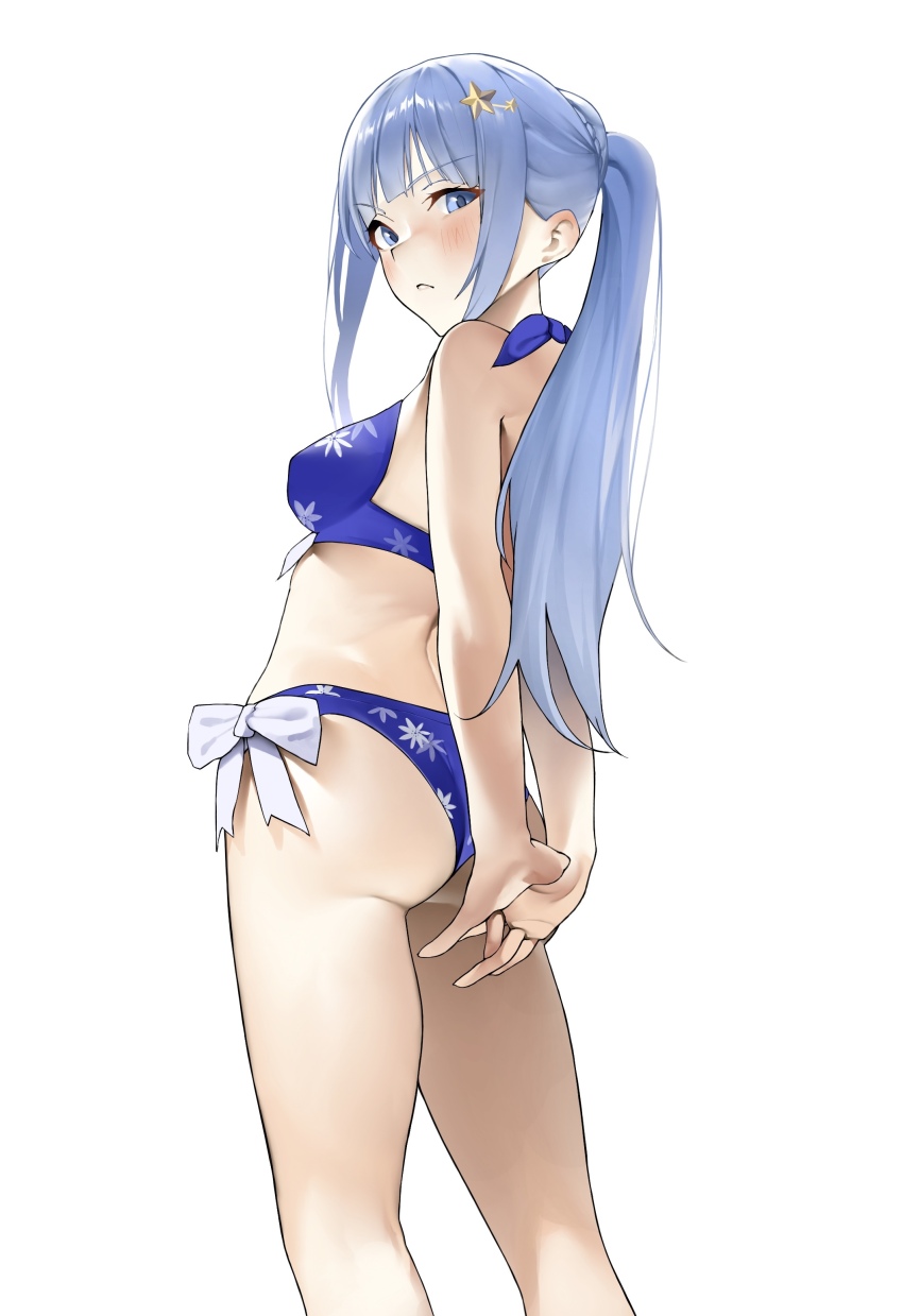 1girl absurdres arms_behind_back ass bare_legs bikini blue_bikini blue_eyes blue_hair blush breasts commentary feet_out_of_frame floral_print frown highres idolmaster idolmaster_million_live! kneepits long_hair looking_at_viewer looking_to_the_side medium_breasts own_hands_together ponytail saya_endo_(27) shiraishi_tsumugi simple_background solo swimsuit very_long_hair white_background