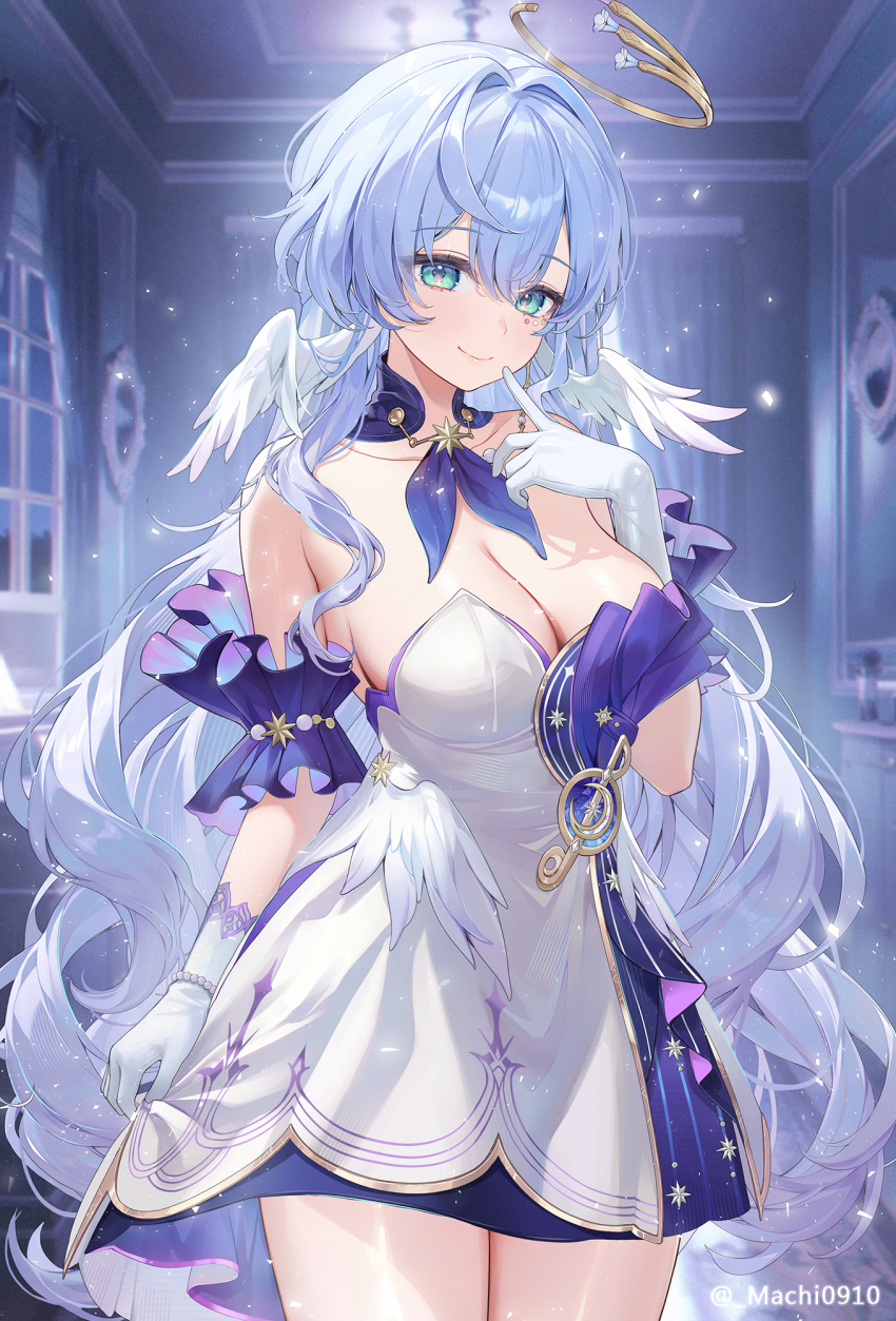 1girl aqua_eyes bare_shoulders blue_hair blush breasts cleavage closed_mouth collar commentary_request cowboy_shot detached_collar detached_sleeves dress earrings finger_to_face gloves hair_between_eyes halo hand_up head_wings highres honkai:_star_rail honkai_(series) index_finger_raised indoors jewel_under_eye jewelry large_breasts long_hair looking_at_viewer machi_(machi0910) purple_collar purple_dress purple_sleeves robin_(honkai:_star_rail) short_sleeves smile solo strapless strapless_dress twitter_username two-tone_dress very_long_hair white_dress white_gloves wings