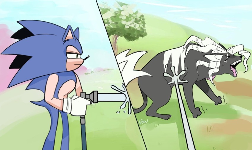 &gt;_&lt; 2boys closed_eyes gloves holding holding_hose hose hose_nozzle infinite_(sonic) male_focus multiple_boys open_mouth outdoors parody powpowchaos signature sonic_(series) sonic_forces sonic_the_hedgehog tears tree water white_gloves wikihow