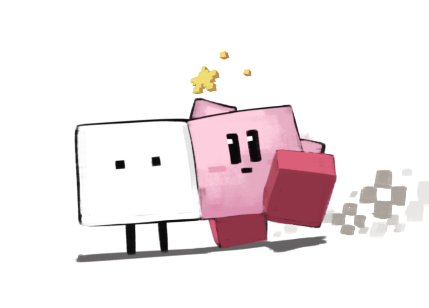 arm_up black_eyes blush_stickers boxboy! closed_mouth colored_skin crossover dust expressionless highres kirby kirby_(series) leg_up looking_at_viewer minecraft nintendo no_humans no_mouth parody pink_skin qbby red_footwear shadow shoes simple_background solid_eyes star_(symbol) style_parody suyasuyabi white_background white_skin