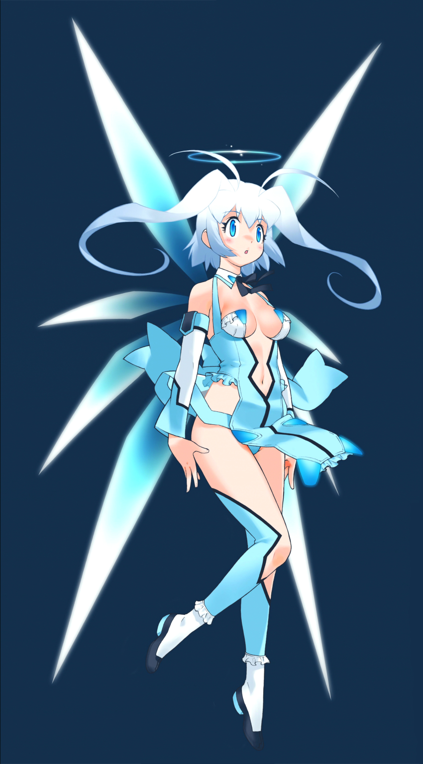 1girl :o absurdres antenna_hair aoba_anoa black_bow black_bowtie blue_eyes blue_theme bow bowtie breasts center_opening detached_collar female_focus floating_hair full_body halo highres long_hair navel official_art otomedius pelvic_curtain revealing_clothes see-through_clothes see-through_skirt simple_background skirt solo thighhighs white_hair wings yoshizaki_mine