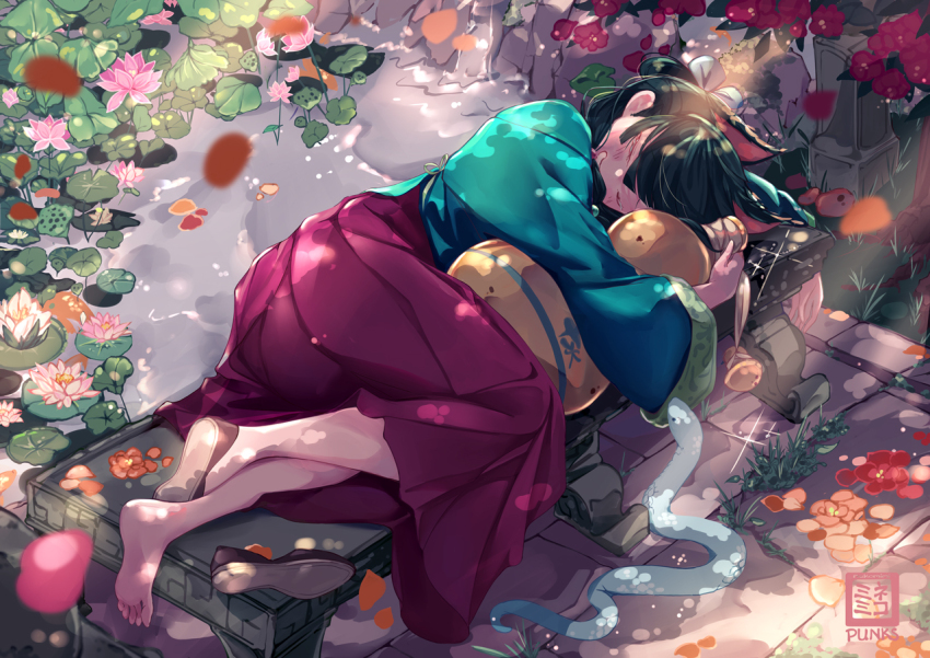 1girl animal_ears aoqun aqua_shirt barefoot bench cat_ears cat_girl chinese_clothes english_text falling_petals flats flower from_above green_hair hanfu injury kusuriya_no_hitorigoto lily_pad long_skirt long_sleeves lotus lying maomao_(kusuriya_no_hitorigoto) nekomimipunks on_side orange_flower outdoors petals pink_flower pleated_skirt pond purple_skirt red_flower scar scar_on_face shirt skirt snake solo unworn_shoe white_snake wide_sleeves