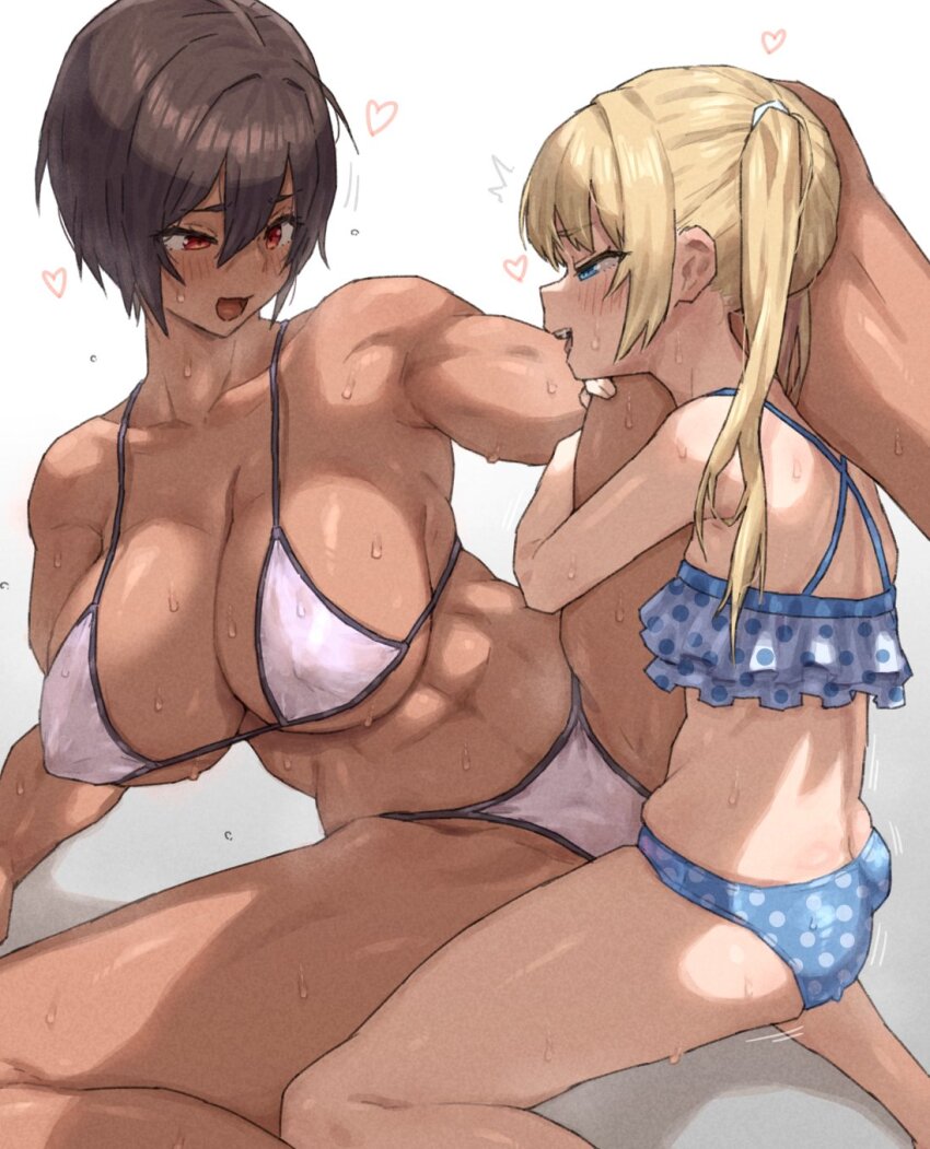 2girls blonde_hair blue_eyes breasts brown_hair dark-skinned_female dark_skin dry_humping height_difference highres humping kei_(m_k) large_breasts long_hair m_k multiple_girls original red_eyes rika_(m_k) short_hair simple_background size_difference sweat swimsuit tall tall_female tan tomboy