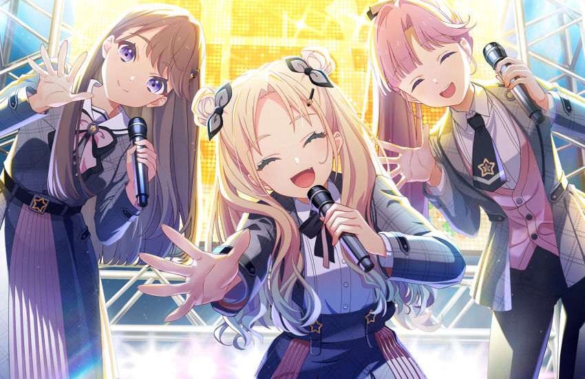 3girls :d ^_^ anyoji_hime black_bow black_bowtie black_pants black_ribbon blazer blonde_hair blue_hair bow bowtie brown_hair cardigan closed_eyes closed_mouth collared_shirt cropped_jacket curtained_hair double_bun dress_shirt facing_viewer fang fujishima_megumi game_cg gradient_hair grey_jacket grey_skirt hair_bun hair_intakes hair_ornament hair_ribbon hairclip highres holding holding_microphone jacket joushou_kiryuu_(love_live!) light_blue_hair light_particles link!_like!_love_live! long_hair looking_at_viewer love_live! microphone mira-cra_park! multicolored_hair multiple_girls neck_ribbon official_alternate_costume official_alternate_hairstyle official_art open_clothes open_hand open_jacket open_mouth osawa_rurino pants pink_bow pink_bowtie pink_cardigan pink_hair pink_skirt pleated_skirt ponytail purple_eyes ribbon school_uniform serafuku shirt sidelocks skirt smile split_mouth star_(symbol) star_hair_ornament swept_bangs teeth third-party_source twintails two-tone_skirt upper_teeth_only very_long_hair virtual_youtuber waving white_shirt