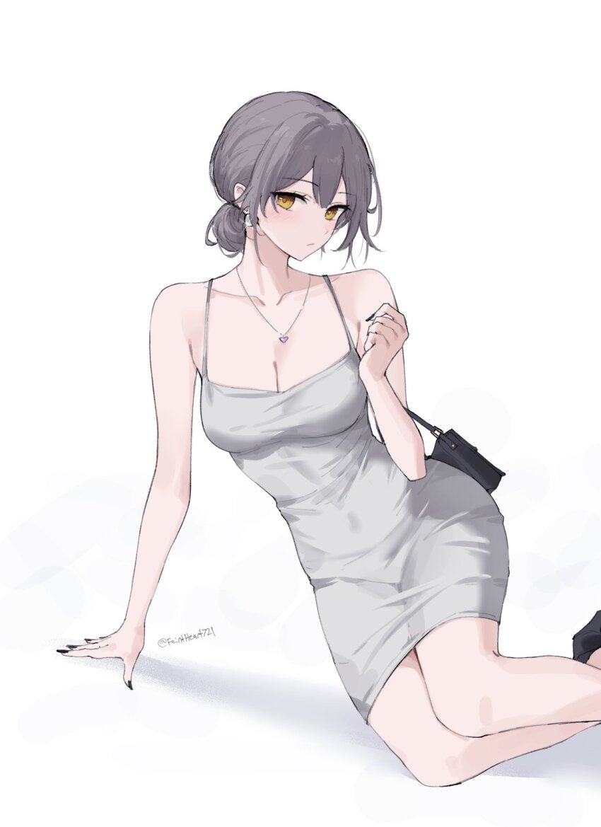 1girl alternate_costume arm_support bag bare_shoulders black_bag black_nails breasts cleavage closed_mouth collarbone commentary dongtan_dress dress earrings english_commentary feint721 fingernails grey_dress hair_up handbag heart heart_necklace highres honkai:_star_rail honkai_(series) jewelry large_breasts long_fingernails looking_at_viewer meme_attire nail_polish necklace short_hair simple_background sitting solo stelle_(honkai:_star_rail) taut_clothes taut_dress trailblazer_(honkai:_star_rail) twitter_username white_background yellow_eyes