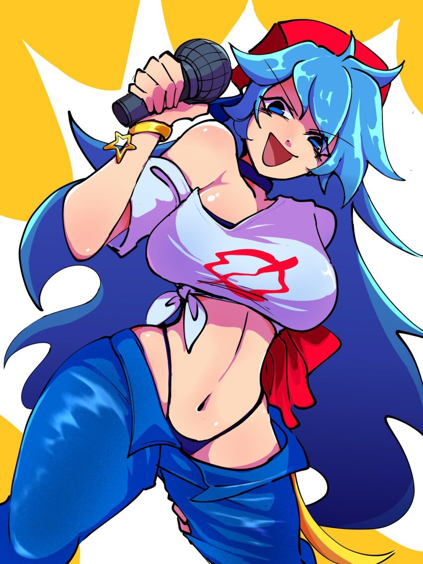 1girl arm_behind_back backwards_hat baseball_cap blue_eyes blue_hair boyfriend_(friday_night_funkin&#039;) bracelet breasts choker cleavage collarbone crop_top curvy denim friday_night_funkin&#039; genderswap genderswap_(mtf) grin hand_on_leg hand_on_own_leg hand_on_own_thigh hat highres holding holding_microphone jeans jewelry large_breasts legs lips long_hair looking_at_viewer microphone midriff navel open_mouth pants parted_lips piercing red_hat shirt smile solo teeth thick_thighs thighs thong tied_shirt unbuttoned unzipped unzipped_pants whale_tail_(clothing) wide_hips