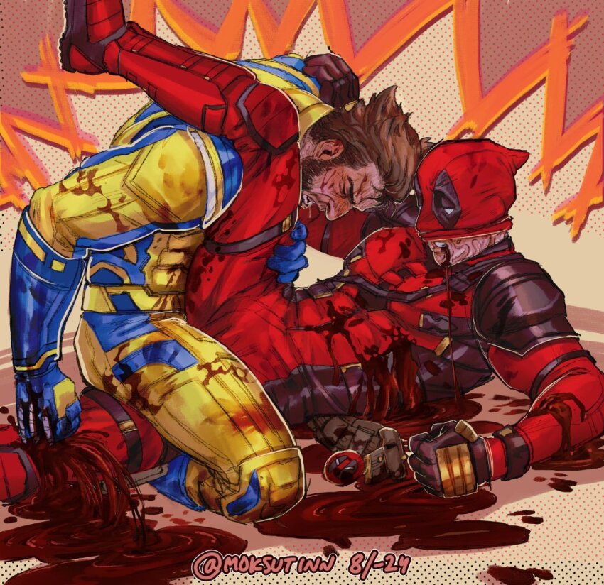 2boys bara beard bleeding blood blood_splatter blush bodysuit brown_hair claws closed_eyes deadpool deadpool_&amp;_wolverine deadpool_(series) facial_hair gloves hashtag-only_commentary imminent_penetration impaled leg_up male_focus marvel mask mask_lift mature_male moksutin multiple_boys muscular muscular_male open_mouth pectorals red_bodysuit scar short_hair stab superhero_costume teeth twitter_username two-tone_bodysuit violence wolverine_(x-men) x-men yaoi yellow_bodysuit