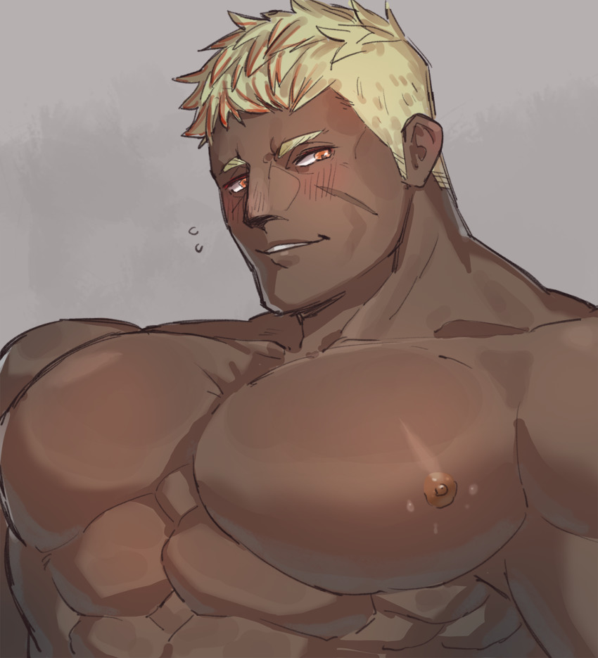 1boy abs warrior_of_light_(ff14) bara blonde_hair blush dark-skinned_male dark_skin facial_scar final_fantasy final_fantasy_xiv flying_sweatdrops highres large_pectorals looking_at_viewer male_focus mature_male muscular muscular_male nipples nude pectoral_focus pectorals roegadyn scar scar_on_cheek scar_on_face short_hair sideburns solo uori upper_body