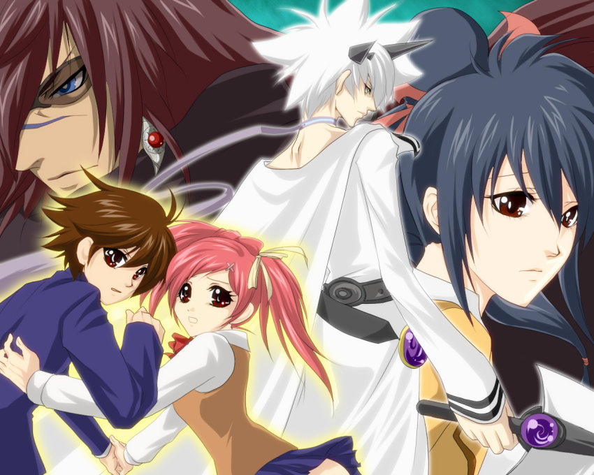 00s 2girls 3boys bad_id bad_pixiv_id brown_eyes brown_hair chona final_fantasy final_fantasy_unlimited hayakawa_ai hayakawa_yuu holding holding_sword holding_weapon kuroki_kaze lisa_pacifist looking_at_viewer multiple_boys multiple_girls red_eyes shiroi_kumo short_hair spiked_hair sword twintails upper_body weapon white_hair