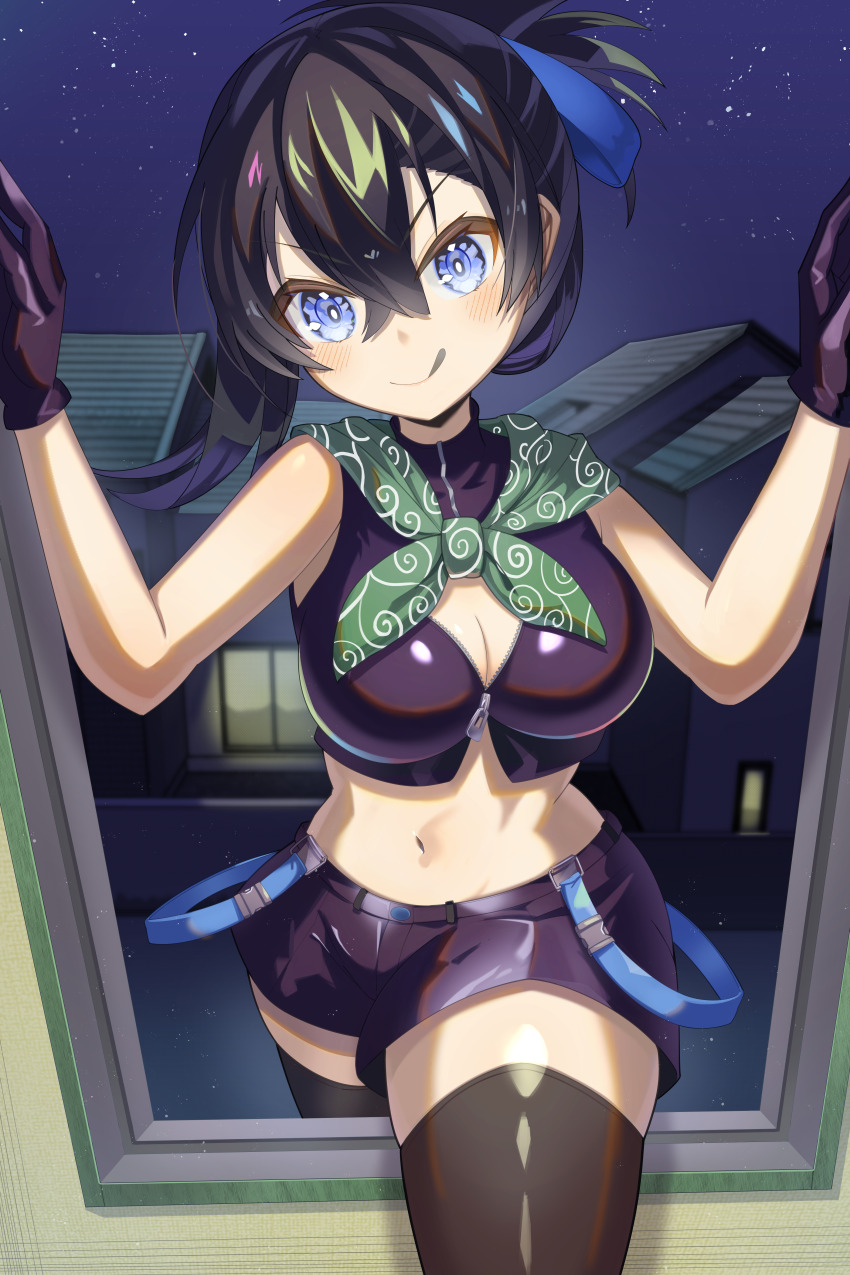 1girl :q absurdres bandana bandana_around_neck black_gloves black_hair black_shirt black_shorts black_thighhighs blue_eyes blue_ribbon breasts cleavage commentary_request cowboy_shot crop_top crossed_bangs dorobou-chan folded_ponytail gloves green_bandana hair_ribbon highres ikutu_mono large_breasts looking_at_viewer midriff navel nemukata_(dorobou-chan) night night_sky partially_unzipped ribbon shirt shorts sky smile solo star_(sky) starry_sky stomach thighhighs through_window tongue tongue_out v-shaped_eyebrows window