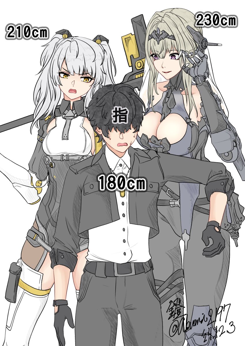 1boy 2girls absurdres belt bianca:_stigmata_(pgr) bianca_(pgr) black_belt black_bodysuit black_gloves black_hair black_jacket black_pants black_shrug bodysuit breasts brown_eyes cleavage clothing_cutout commandant_(pgr) dog_tags gloves grey_hair hair_over_eyes hammer headgear height_difference highres holding holding_hammer holding_weapon jacket joints karenina:_scire_(pgr) karenina_(pgr) long_hair mechanical_arms messy_hair multiple_girls open_mouth orange_eyes pants punishing:_gray_raven robot_joints rusha2197 shirt shrug_(clothing) sweatdrop thigh_cutout two-tone_bodysuit unkempt weapon white_background white_bodysuit white_shirt