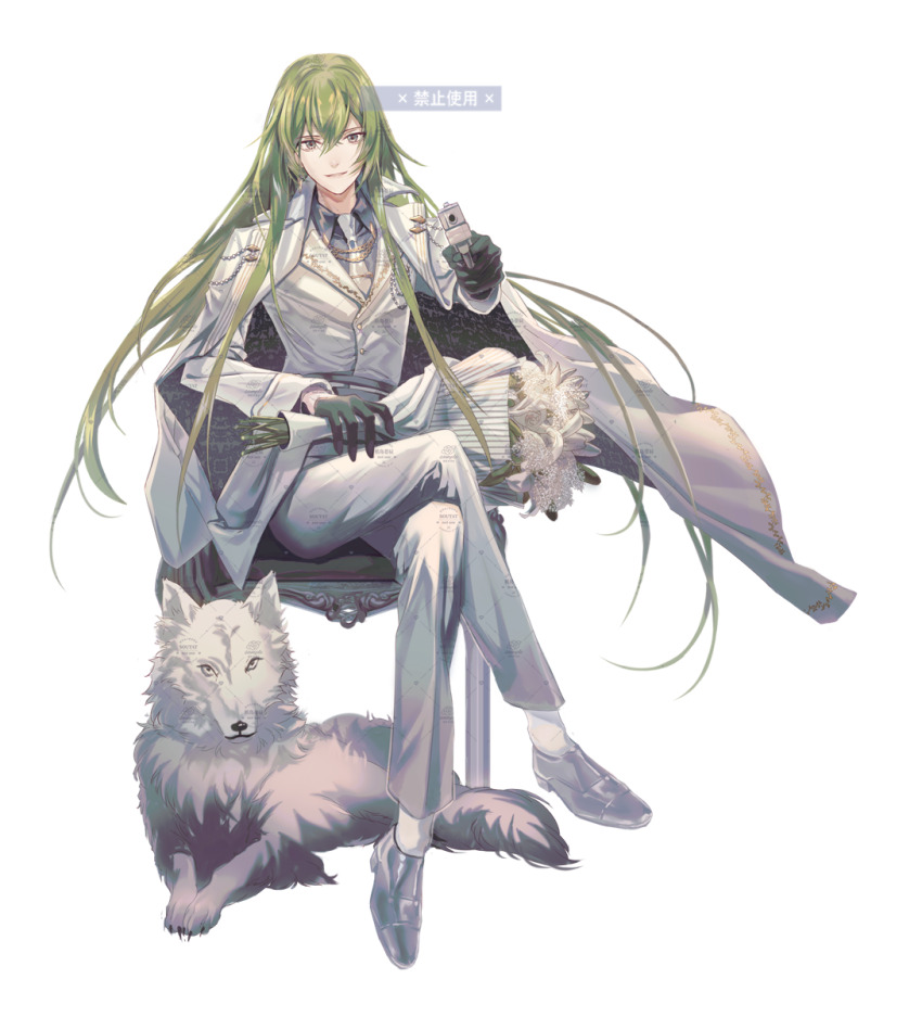 1boy androgynous animal bouquet cangchen chair crossed_legs enkidu_(fate) fate/grand_order fate/strange_fake fate_(series) flower formal_clothes gloves green_eyes green_hair grey_shirt gun highres holding holding_bouquet holding_gun holding_weapon jacket jacket_on_shoulders long_hair looking_at_viewer necktie on_chair pants shirt simple_background sitting smile suit very_long_hair weapon white_background white_flower white_jacket white_pants white_suit wolf wolf_(fate)