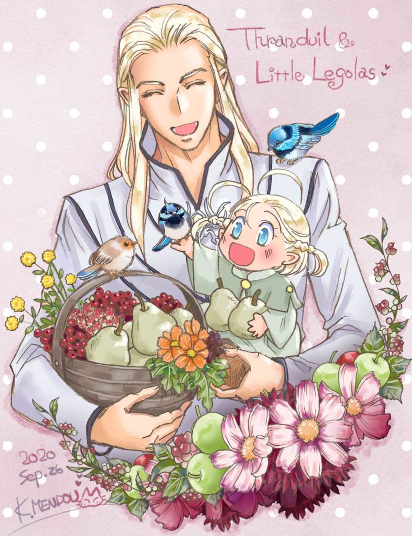 2boys :d apple basket bird blonde_hair blue_eyes blush character_name child dated father_and_son flower food fruit highres kazuki-mendou tolkien&#039;s_legendarium legolas long_hair multiple_boys open_mouth orange_flower pear pink_background pointy_ears signature simple_background smile the_hobbit thranduil yellow_flower aged_down