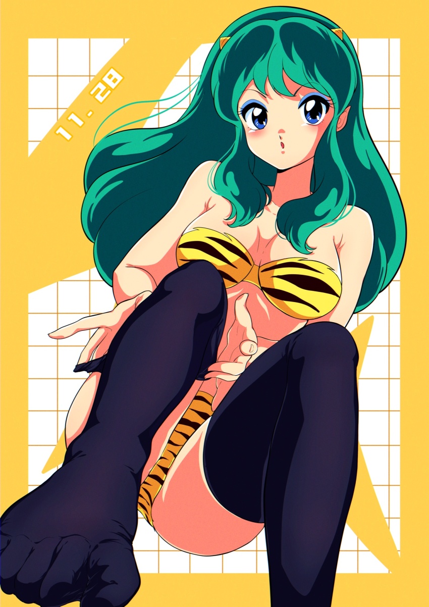 1girl animal_print bikini black_thighhighs blue_eyes breasts feet green_hair highres horns legs long_hair looking_at_viewer lum nice_knee_socks_day nka_46 no_shoes oni print_bikini sitting solo strapless strapless_bikini swimsuit thighhighs thighs tiger_print toes urusei_yatsura yellow_bikini