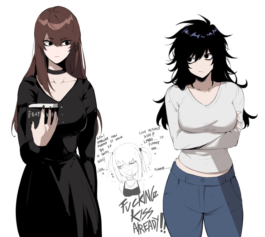 3girls absurdres amane_misa black_dress black_eyes black_hair book breasts brown_hair choker cowboy_shot crossed_arms death_note death_note_(object) dress english_text expressionless genderswap genderswap_(mtf) highres himejoshi holding holding_book l_(death_note) long_hair looking_at_another masoq medium_breasts multiple_girls nail_polish pants shirt simple_background white_background yagami_light yuri