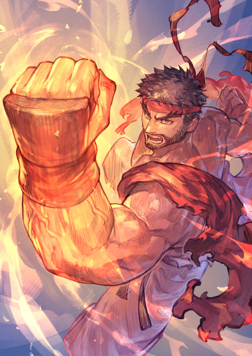 1boy absurdres beard black_hair brown_eyes clenched_hands commentary_request dougi facial_hair fighting_stance fingerless_gloves fire gloves headband highres looking_at_viewer male_focus martial_arts_belt muscular muscular_male mustache open_mouth red_gloves red_headband ryu_(street_fighter) short_hair sideburns solo street_fighter street_fighter_6 tapioka_chaso teeth thick_eyebrows torn_clothes veins veiny_arms