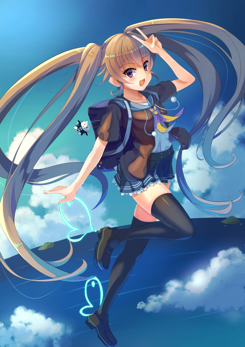 1girl :d absurdres ao_no_kanata_no_four_rhythm arisaka_mashiro arm_up backpack bag black_bag black_footwear black_thighhighs blue_sailor_collar blue_skirt blue_sky blush brown_hair commentary day energy_wings eyes_visible_through_hair floating_hair flying foot_up frilled_skirt frills full_body hair_between_eyes happy highres loafers long_hair looking_at_viewer miniskirt neckerchief ocean open_mouth outdoors pleated_skirt pom_pom_(clothes) purple_eyes sailor_collar school_uniform seiyagasa serafuku shoes short_sleeves skindentation skirt sky smile solo symbol-only_commentary thighhighs twintails v v_over_head very_long_hair yellow_neckerchief zettai_ryouiki