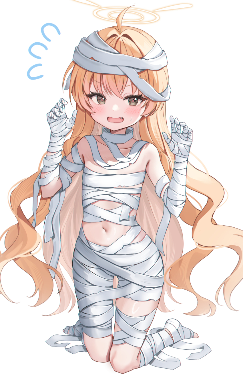 1girl ahoge bandages blonde_hair blue_archive blush brown_eyes commentary_request fang flying_sweatdrops hair_intakes halo hands_up highres kneeling knees_together_feet_apart kubong long_hair looking_at_viewer mummy_costume naked_bandage navel open_mouth simple_background solo very_long_hair white_background yoshimi_(blue_archive) yoshimi_(halloween)_(blue_archive)