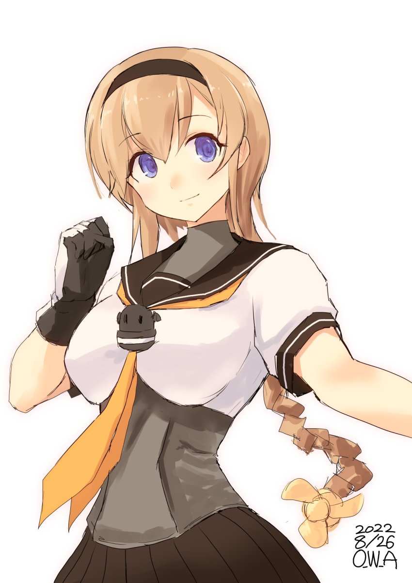 1girl black_headband black_sailor_collar black_skirt blue_eyes blush braid brown_hair closed_mouth dated hachimaki hair_between_eyes hair_ornament headband highres kantai_collection long_hair neckerchief one-hour_drawing_challenge orange_neckerchief owa_(ishtail) pleated_skirt propeller_hair_ornament sailor_collar school_uniform serafuku short_sleeves simple_background skirt solo teruzuki_(kancolle) twin_braids twitter_username white_background