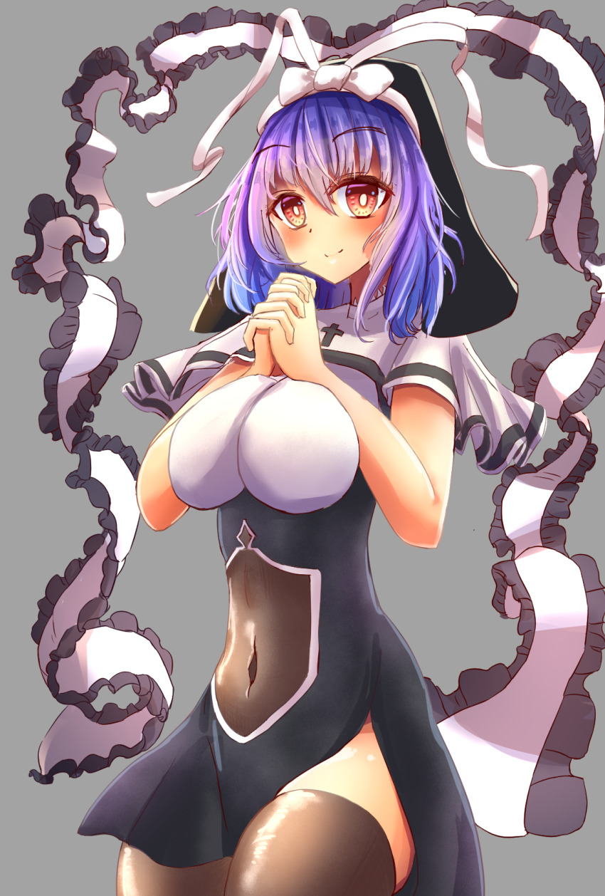 1girl alternate_costume bissha_(fjsf5787) black_thighhighs blush bow breasts capelet closed_mouth clothing_cutout commentary_request cowboy_shot grey_background highres hood large_breasts looking_at_viewer nagae_iku navel navel_cutout nun own_hands_clasped own_hands_together purple_hair red_eyes short_hair simple_background smile solo thighhighs touhou white_bow white_capelet