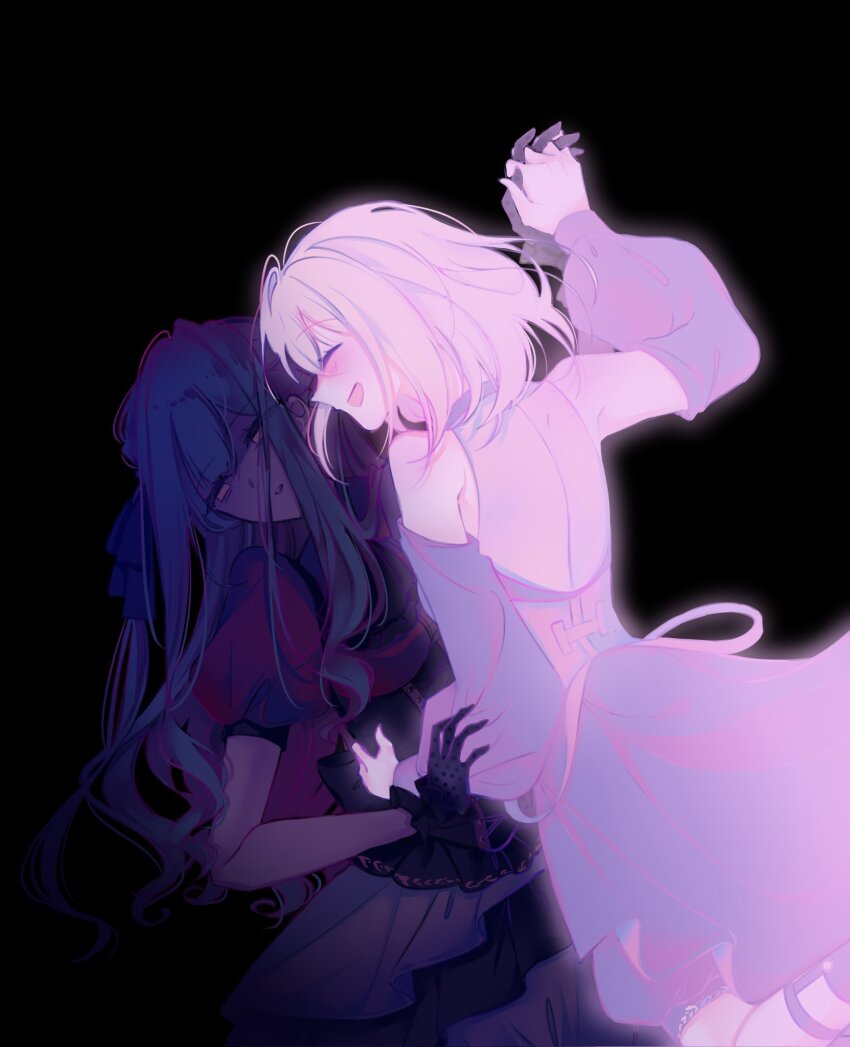 2girls adoblvone bang_dream! bang_dream!_it&#039;s_mygo!!!!! black_background black_corset black_dress black_gloves blonde_hair blue_hair blush closed_eyes clothing_cutout commentary corset doloris_(bang_dream!) dress gloves hashtag-only_commentary highres holding_hands interlocked_fingers long_hair medium_hair misumi_uika multiple_girls oblivionis_(bang_dream!) open_mouth parted_lips red_shirt shirt shoulder_cutout simple_background smile togawa_sakiko two_side_up yellow_eyes yuri