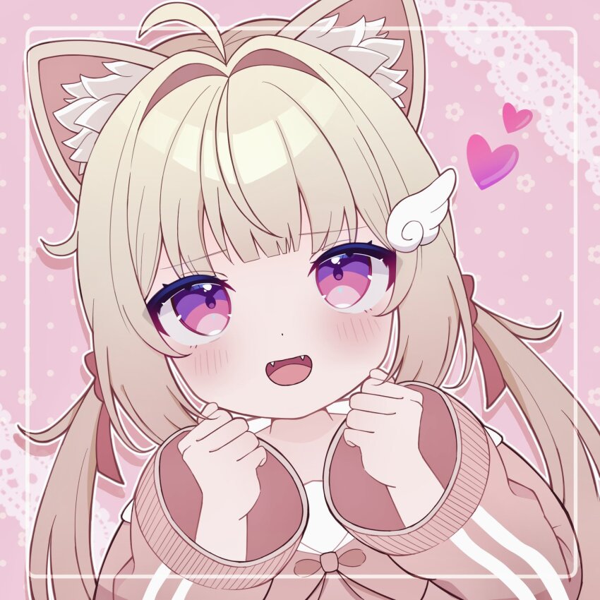 1girl ahoge animal_ear_fluff animal_ears blonde_hair blush bow cat_ears cat_girl fangs gradient_eyes hair_intakes hair_ornament hands_up heart highres long_hair long_sleeves looking_at_viewer looking_up low_twintails multicolored_eyes open_mouth pink_background pink_eyes pink_theme purple_eyes sailor_collar smile solo tokyoraim twintails upper_body vrchat wing_hair_ornament