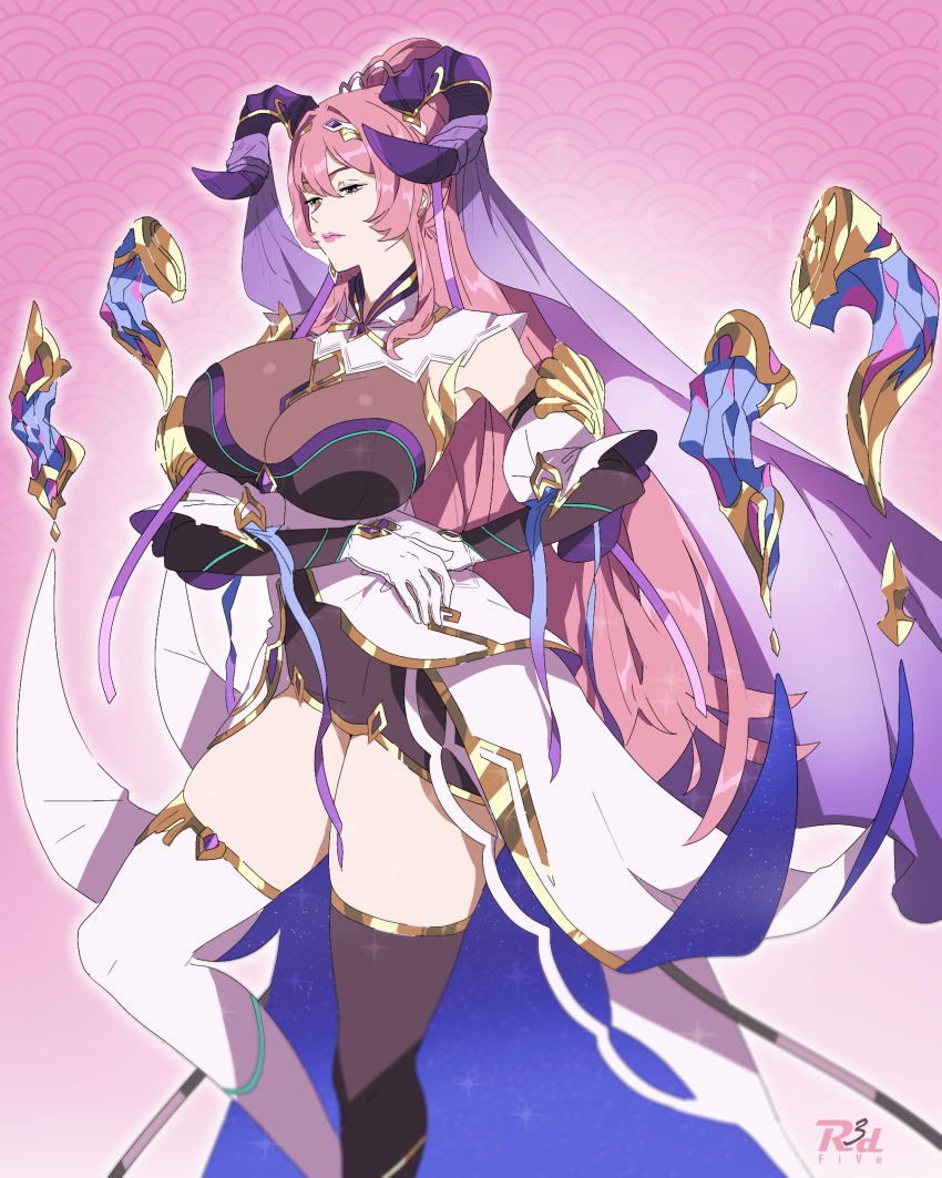 1girl artist_name asymmetrical_legwear black_thighhighs breasts cleavage closed_mouth fire_emblem fire_emblem_heroes gloves goat_horns hair_between_eyes half-closed_eyes highres horns large_breasts long_hair mismatched_legwear nerthuz_(fire_emblem) nintendo pink_background pink_hair ponytail r3dfive solo thighhighs very_long_hair white_gloves white_thighhighs