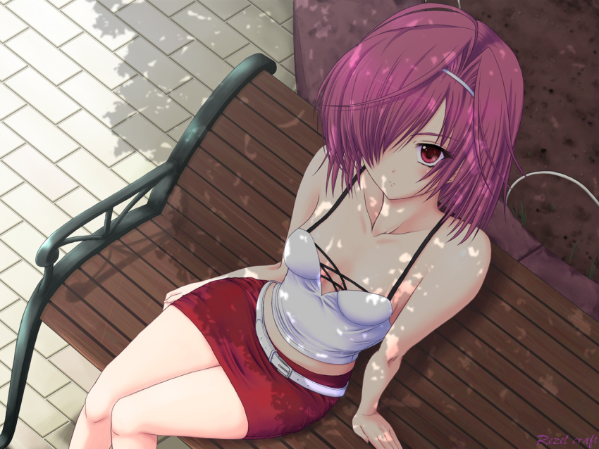 1girl amemiya_amane artist_name bare_arms breasts cleavage hair_over_one_eye kateikyoushi_no_onee-san looking_at_viewer medium_breasts on_bench outdoors pink_hair red_skirt rezel_craft shade short_hair sitting skirt solo