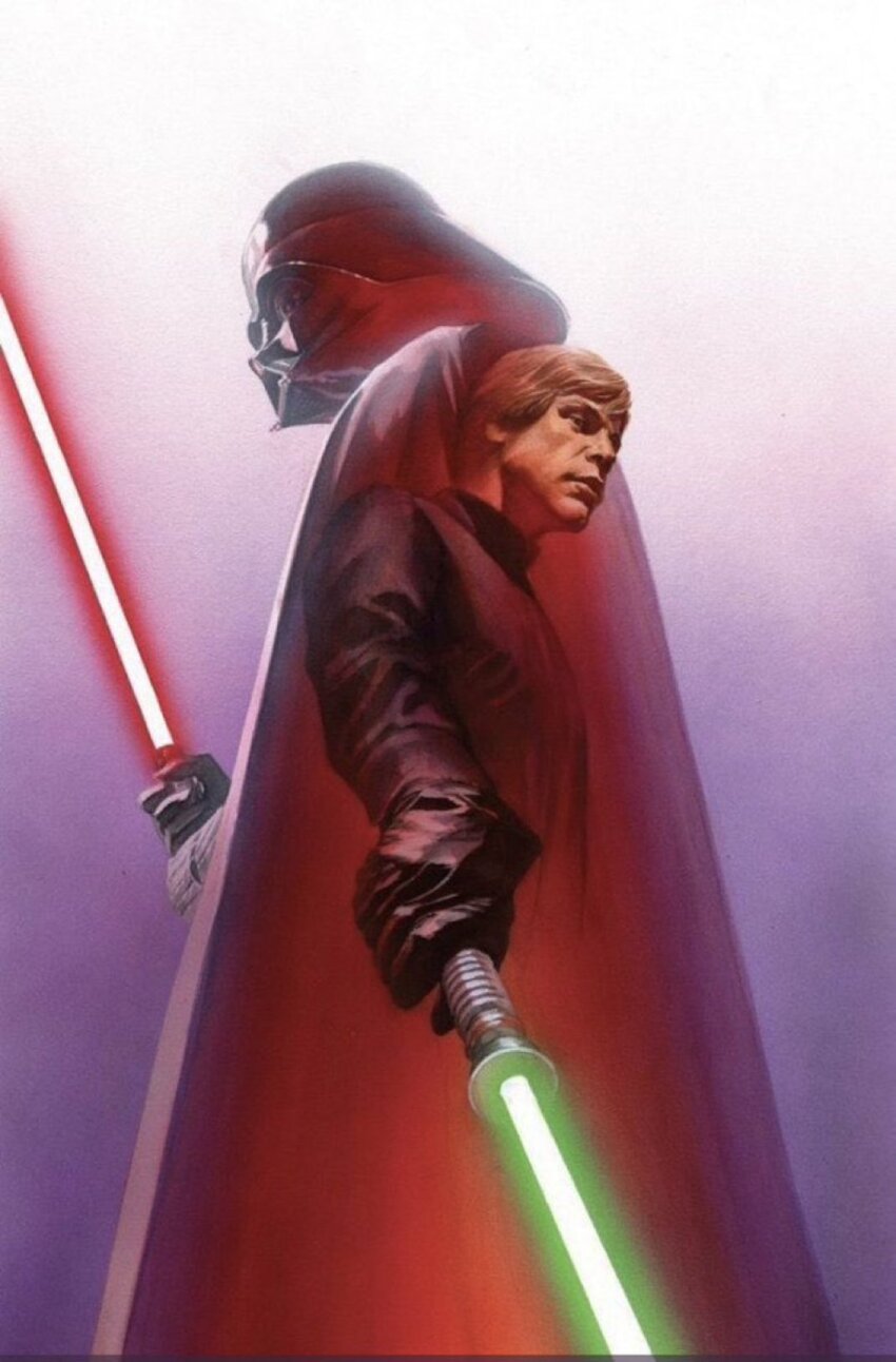 2boys alex_ross black_cape black_gloves black_jacket blonde_hair cape darth_vader energy_sword father_and_son gloves green_lightsaber helmet highres holding_lightsaber jacket lightsaber luke_skywalker male_focus multiple_boys red_lightsaber short_hair star_wars star_wars:_return_of_the_jedi sword weapon