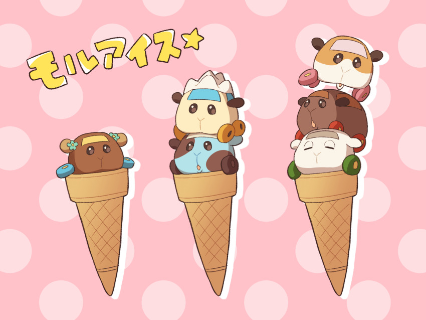 abbey_(pui_pui_molcar) animal_focus choco_(pui_pui_molcar) chocomint_(pui_pui_molcar) closed_eyes closed_mouth commentary_request flower food full_body green_flower guinea_pig highres ice_cream ice_cream_cone kani_aruki_(aruki_kanikani) molcar no_humans open_mouth pink_background polka_dot polka_dot_background potato_(pui_pui_molcar) pui_pui_molcar shiromo_(pui_pui_molcar) simple_background stack star_(symbol) teddy_(pui_pui_molcar) translation_request