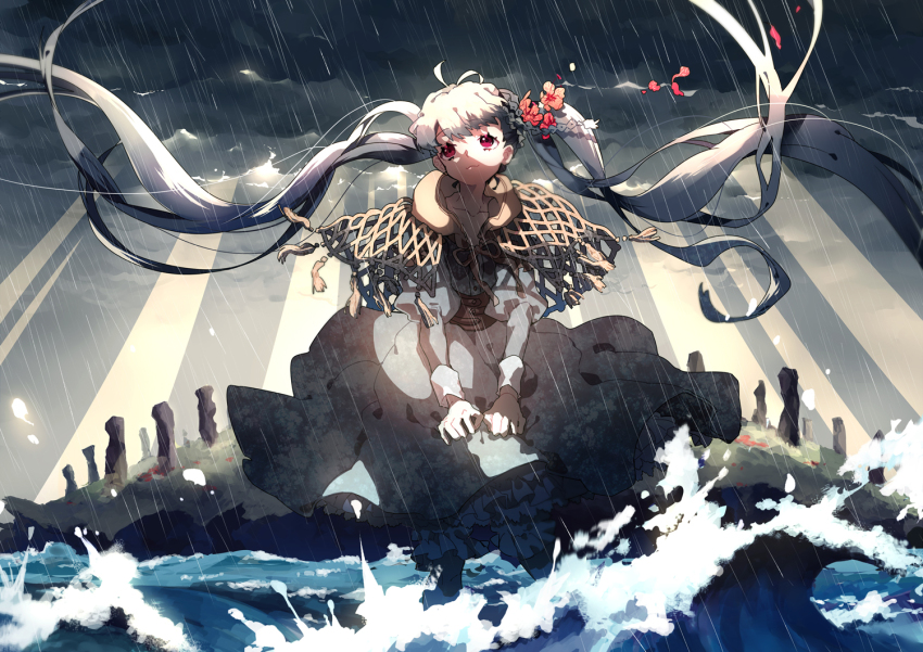 1girl braid collarbone dress evemace female_focus flower grey_dress grey_hair grey_sky hair_flower hair_ornament light_rays original outdoors rain red_eyes sky solo storm tassel twintails waves