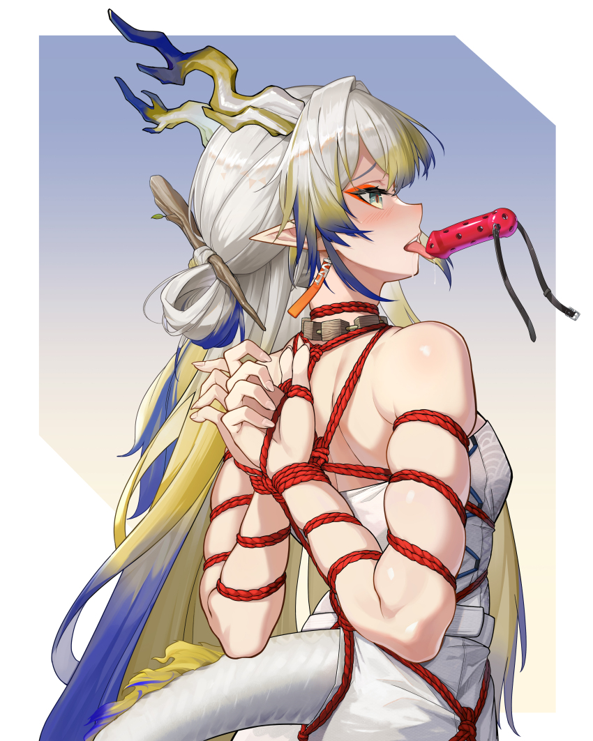 1girl absurdres applying_gag arknights arms_behind_back ball_gag bdsm belt blonde_hair blue_eyes bondage bound choker dildo_gag from_below gag gagging grey_hair highres horns multicolored_hair restrained saliva shibari shibari_over_clothes shinebell shu_(arknights) sidelocks skindentation split-color_hair tail tongue tongue_out wiffle_gag