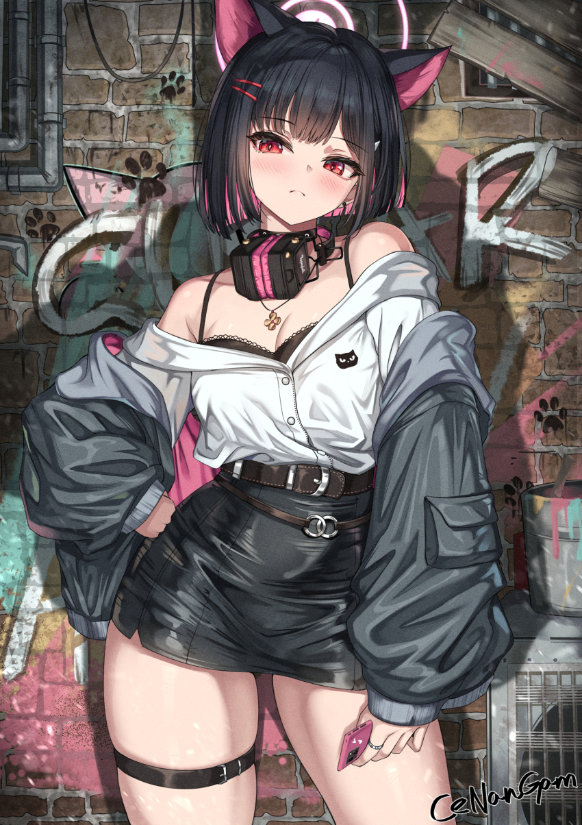 1girl animal_ears bare_shoulders belt black_hair black_jacket black_skirt blue_archive blush breasts cat_ears cellphone cenangam colored_inner_hair commentary extra_ears hair_ornament hairclip halo headphones headphones_around_neck highres holding holding_phone jacket kazusa_(blue_archive) long_sleeves looking_at_viewer medium_breasts multicolored_hair off_shoulder phone pink_hair red_eyes shirt short_hair skirt smartphone solo thigh_belt thigh_strap thighs white_shirt