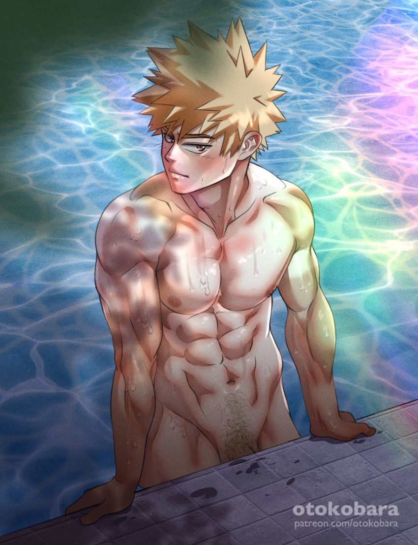 1boy abs artist_name bakugou_katsuki blonde_hair blush boku_no_hero_academia closed_mouth completely_nude convenient_censoring highres looking_at_viewer male_focus male_pubic_hair navel nipples nude otokobara partially_submerged patreon_username pool pubic_hair short_hair solo spiked_hair toned toned_male water wet