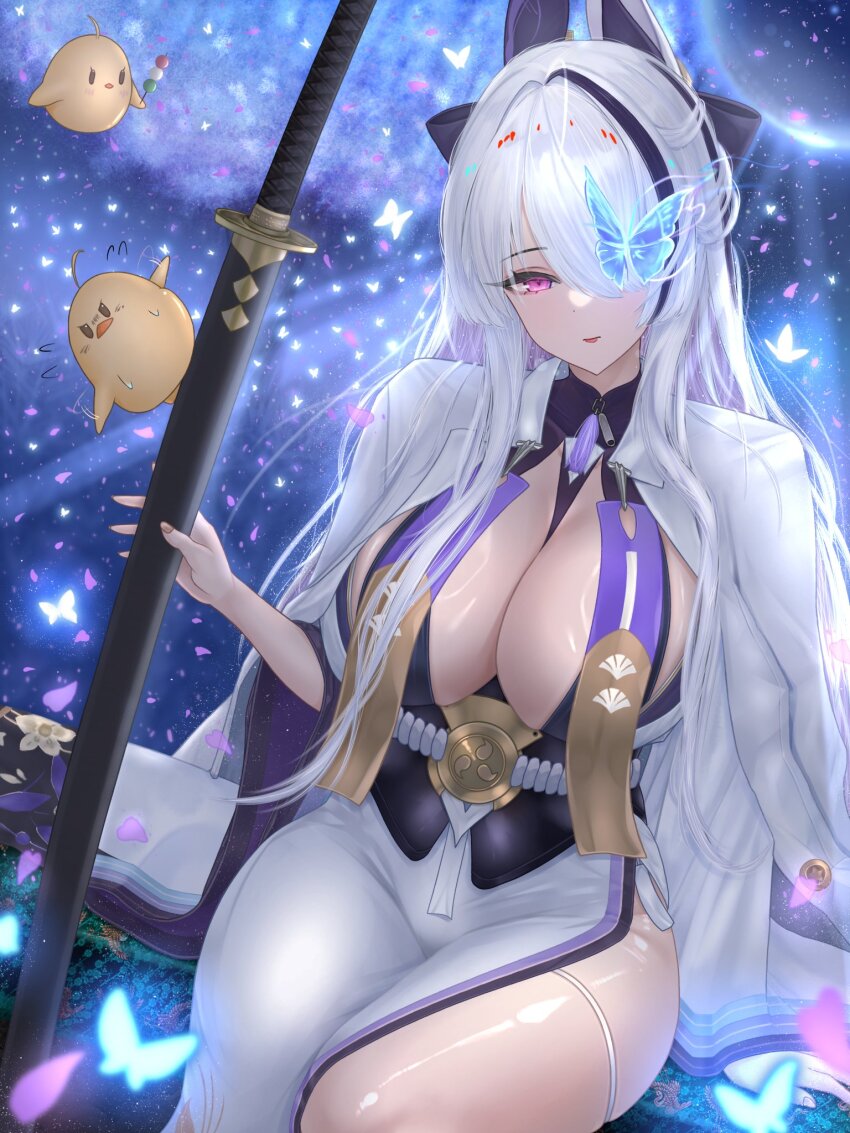 1girl azur_lane blue_butterfly bow breasts bug butterfly butterfly_over_eye cleavage dress hair_bow hair_over_one_eye highres holding holding_sword holding_weapon huge_breasts insect jacket jacket_on_shoulders long_hair long_sleeves looking_at_viewer manjuu_(azur_lane) multicolored_hair open_clothes open_jacket opi_gyuniku purple_eyes purple_hair sheath sheathed shiny_skin sitting solo streaked_hair sword thigh_strap unzen_(azur_lane) very_long_hair weapon white_dress white_hair white_jacket