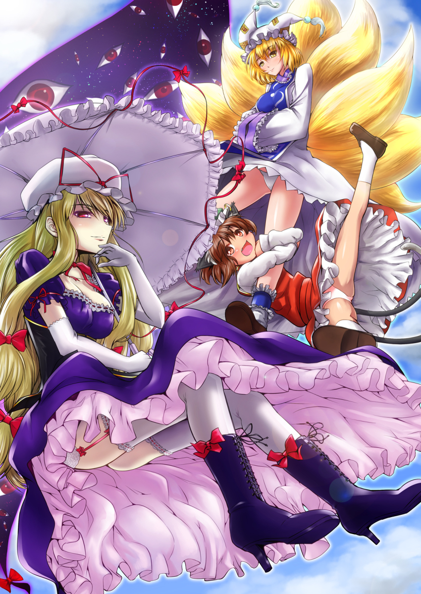 3girls animal_ears blonde_hair brown_hair cat_ears cat_tail chen cloud cloudy_sky dress fang fox_ears fox_tail gap_(touhou) garter_belt garter_straps hat hat_ribbon high_heels highres long_hair long_sleeves looking_at_viewer multiple_girls multiple_tails nekomata panties parasol red_eyes ribbon short_hair sky tabard tail thighhighs touhou two_tails umbrella underwear waiz_(waiz009) white_legwear white_panties yakumo_ran yakumo_yukari yellow_eyes