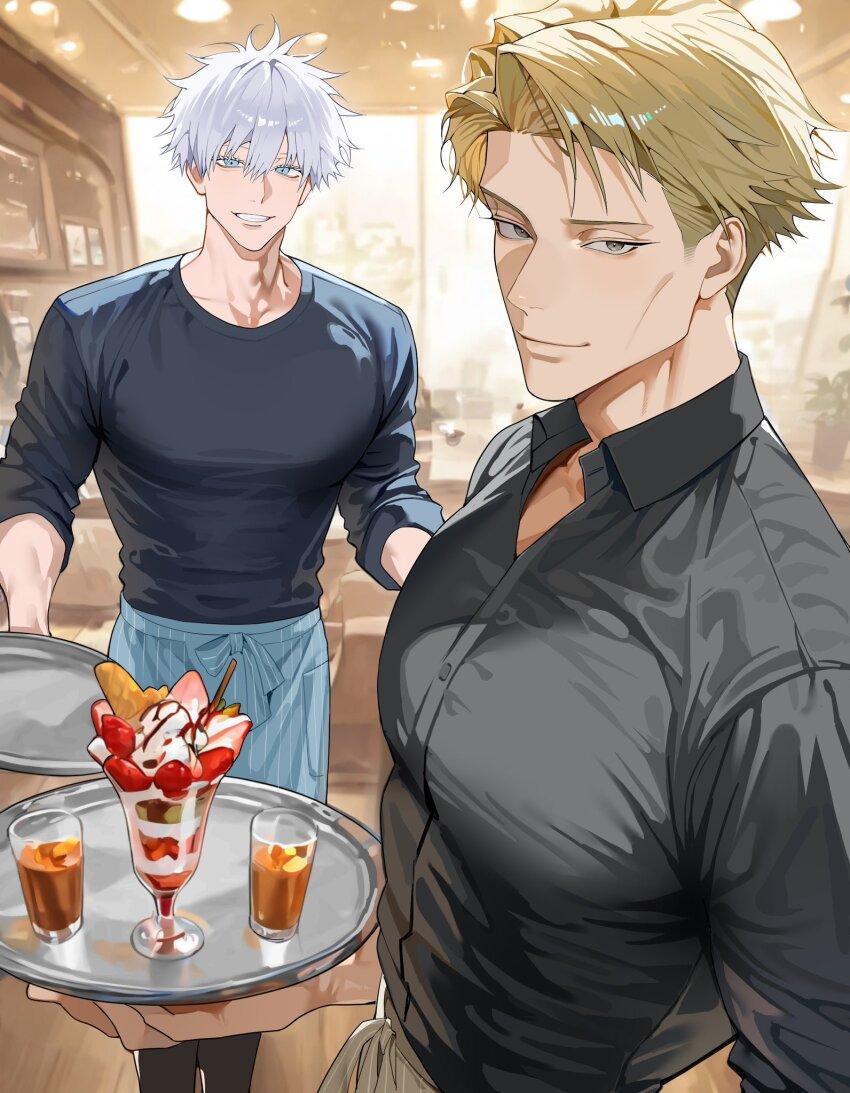 2boys apron black_shirt blonde_hair blue_apron blue_eyes bow brown_eyes collared_shirt drink feet_out_of_frame glass gojou_satoru highres holding holding_tray indoors jujutsu_kaisen light_smile looking_at_viewer male_focus multiple_boys nanami_kento parfait shirt short_hair siko_taro standing tray upper_body waist_apron white_hair