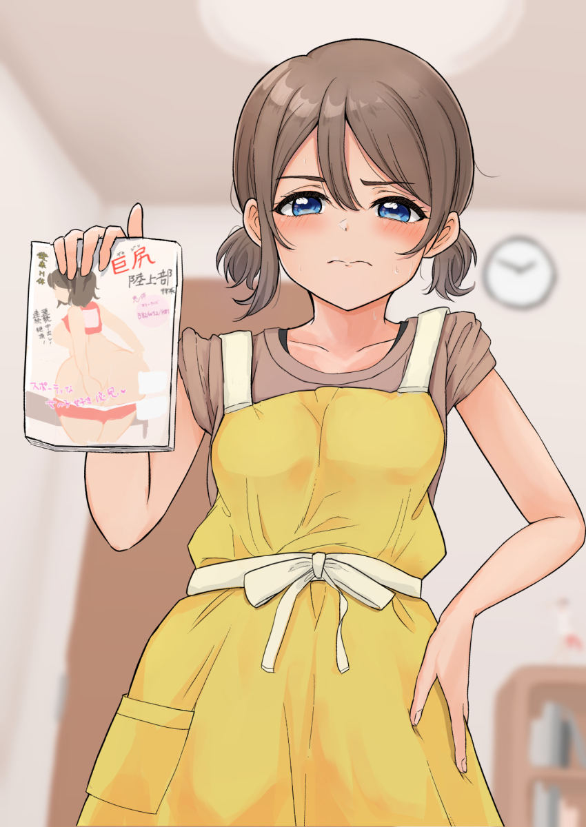 blue_eyes blush book clock commentary_request hand_on_own_hip highres holding holding_book love_live! love_live!_sunshine!! shirt short_hair short_sleeves sweat tatsumi432 translation_request watanabe_you