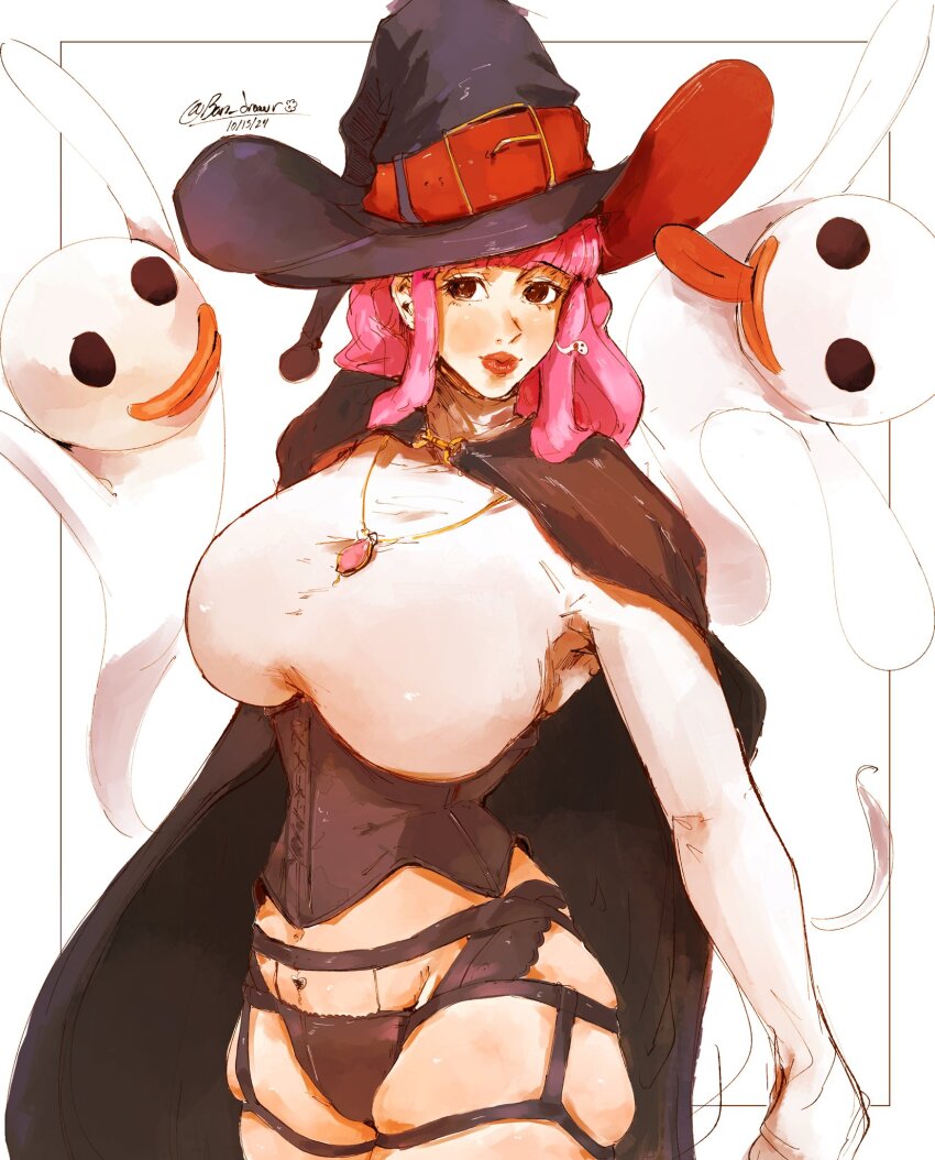 bon_drawr breasts cape corset garter_belt garter_straps halloween_costume hat highres large_breasts one_piece panties perona pink_hair tagme thick_thighs thighs underwear witch witch_hat