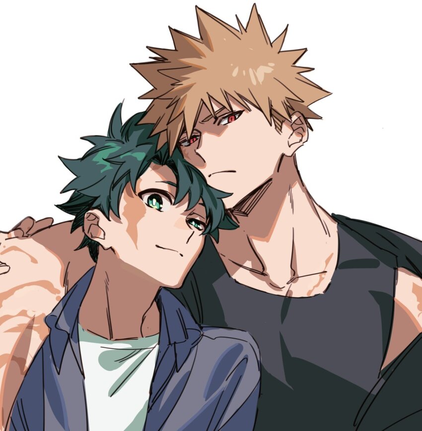 2boys arm_around_shoulder bakugou_katsuki black_jacket black_tank_top blonde_hair blue_shirt boku_no_hero_academia closed_mouth collared_shirt commentary green_eyes green_hair head_rest hegi highres jacket jacket_partially_removed light_smile looking_at_viewer looking_to_the_side male_focus midoriya_izuku multiple_boys open_clothes open_shirt orange_eyes scar scar_on_arm scar_on_chest scar_on_face scar_on_shoulder shirt sideways_glance spiked_hair t-shirt tank_top tsurime upper_body white_shirt