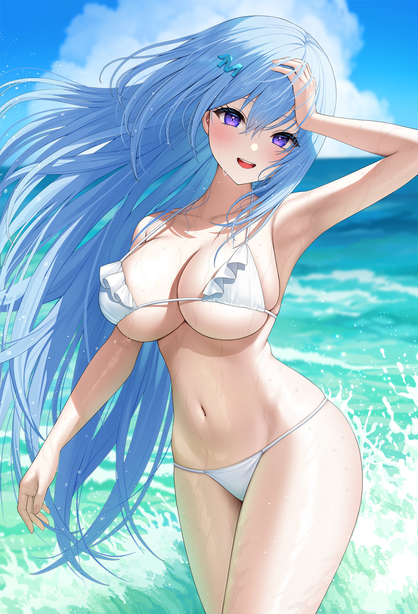 1girl :d arm_up armpits bare_arms bare_shoulders bikini blue_hair breasts cleavage collarbone cowboy_shot day emori_miku floating_hair frilled_bikini frills hair_ornament halterneck hand_on_own_head highres kohanayuki large_breasts liver_city long_hair looking_at_viewer navel ocean open_mouth outdoors purple_eyes skindentation smile solo standing stomach strap_gap string_bikini swimsuit thighs very_long_hair wet white_bikini