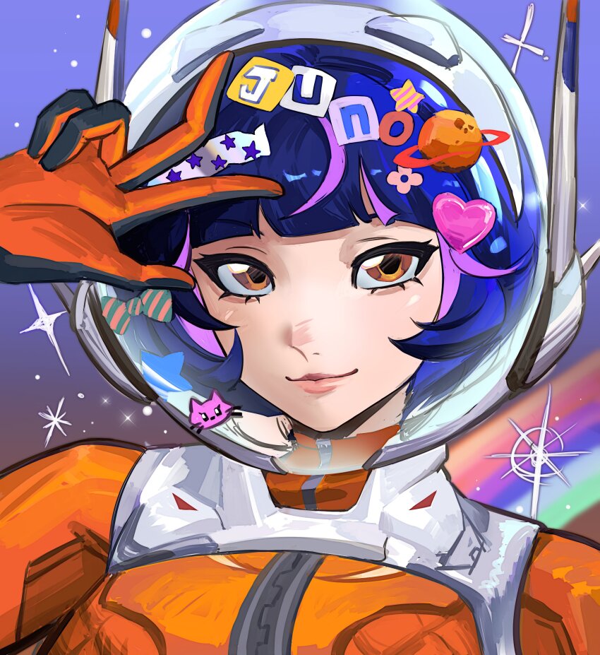 absurdres bow brown_eyes closed_mouth commentary cropped_jacket english_commentary gloves helmet highres jacket juno_(overwatch) lips looking_at_viewer medium_hair multicolored_hair orange_gloves orange_jacket overwatch overwatch_2 rainbow saturn_(planet) smile solo space_helmet sticker streaked_hair upper_body yshua zipper