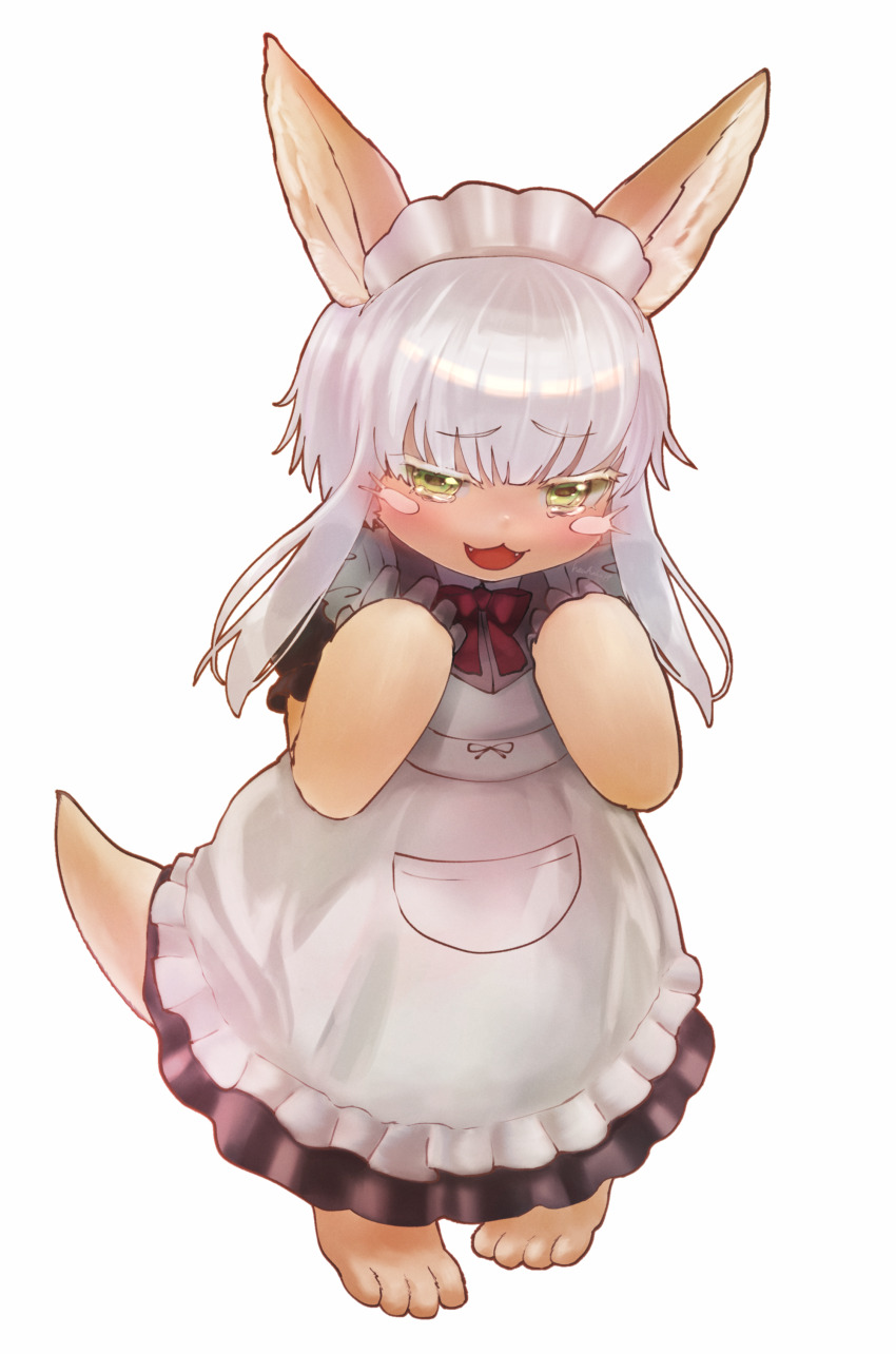 1other absurdres apron black_dress blush blush_stickers bow claws colored_eyelashes dress fangs frilled_apron frills full_body green_eyes grey_hair heuhaku14 highres long_hair made_in_abyss maid maid_headdress nanachi_(made_in_abyss) open_mouth other_focus rectangular_pupils red_bow simple_background solo tail white_apron white_background