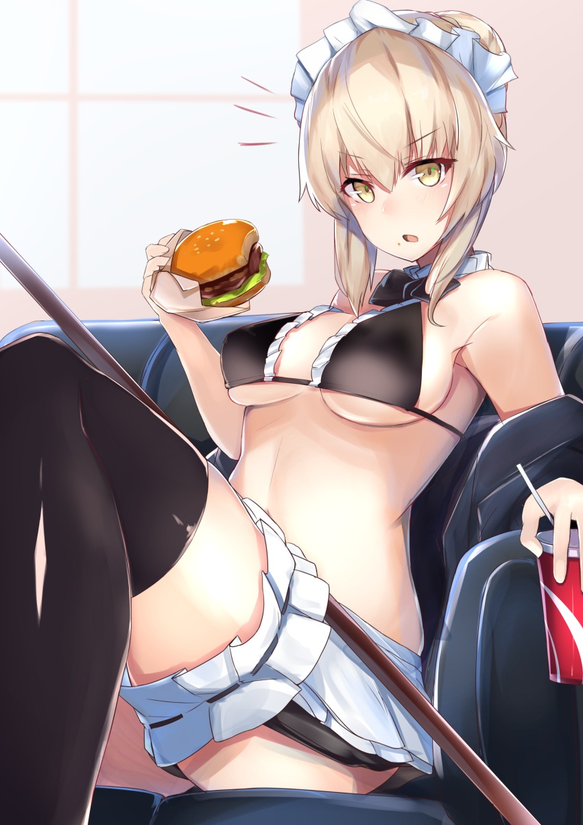 1girl absurdres artoria_pendragon_(alter_swimsuit_rider)_(fate) artoria_pendragon_(alter_swimsuit_rider)_(second_ascension)_(fate) artoria_pendragon_(fate) ass bikini black_bikini blonde_hair blush breasts bridal_garter broom burger choker cup eating fate/grand_order fate_(series) female_focus food frilled_bikini frills hair_bun highres holding holding_cup holding_food maid maid_bikini maid_headdress medium_breasts miniskirt nanakaku navel pale_skin saber_alter single_hair_bun skirt solo straw_(stalk) surprised swimsuit unconventional_maid yellow_eyes