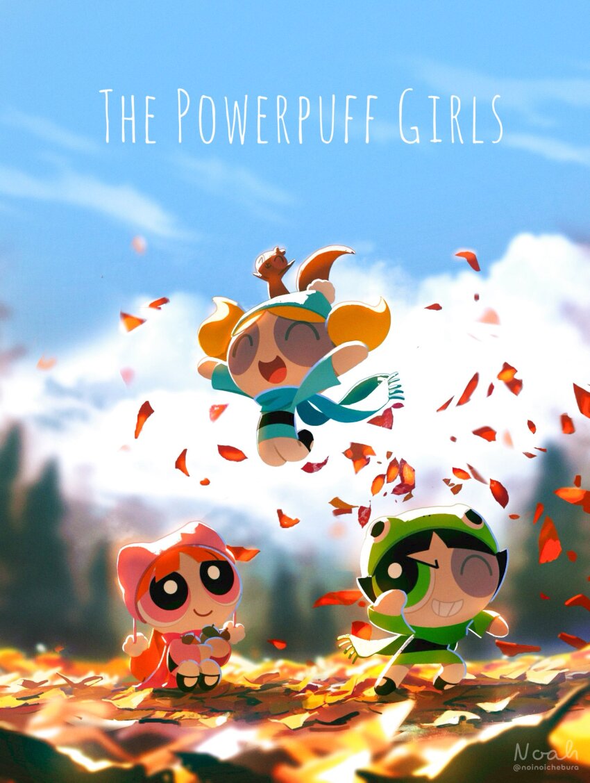 3girls acorn animal animal_on_head artist_name autumn autumn_leaves beanie black_footwear black_hair blonde_hair blossom_(ppg) blue_dress blue_hat blue_scarf blue_sky blurry blurry_foreground bubbles_(ppg) buttercup_(ppg) child closed_eyes dress falling_leaves frog_hat full_body green_dress green_eyes green_scarf grin hat highres holding_acorn jumping leaf long_hair mary_janes multiple_girls noinoichebura on_head one_eye_closed open_mouth orange_hair outdoors outstretched_arms pink_dress pink_eyes pink_hat pink_scarf pom_pom_(clothes) pom_pom_beanie powerpuff_girls scarf shoes short_hair siblings sisters sky smile squirrel teeth twitter_username