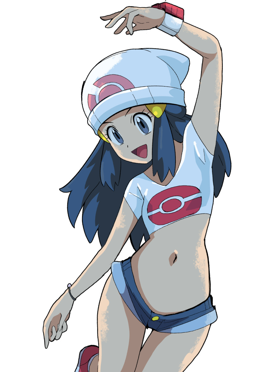 1girl :d beanie blue_eyes blue_hair bracelet creatures_(company) cropped_shirt dawn_(pokemon) denim denim_shorts game_freak hainchu hat highres jewelry long_hair micro_shorts midriff navel nintendo open_mouth poke_ball_print pokemon pokemon_(anime) pokemon_dppt_(anime) poketch shirt shorts simple_background smile solo watch white_background white_hat white_shirt wristwatch