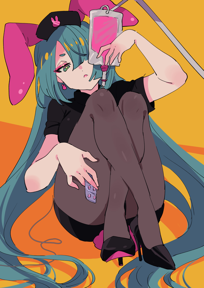 1girl :&lt; absurdres alternate_costume animal_ears bad_id bad_tumblr_id black_footwear black_shirt black_skirt blood blood_bag breasts brown_pantyhose colored_shoe_soles crossed_ankles earrings eyeshadow fake_animal_ears full_body green_eyes green_hair hair_over_one_eye hand_on_own_thigh hat hatsune_miku head_tilt high_heels highres holding holding_pillow intravenous_drip jewelry knees_up lips long_hair looking_at_viewer makeup nurse nurse_cap orange_background pantyhose pill pillow pink_blood pink_eyeshadow rabbit_earrings rabbit_ears shirt short_sleeves simple_background sitting skirt solo twintails very_long_hair vocaloid zuzuko