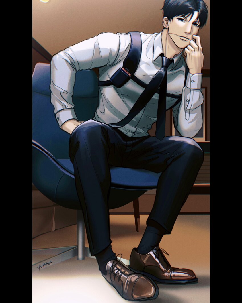 1boy artist_name black_hair black_necktie black_pants brown_footwear chainsaw_man chest_belt collared_shirt ear_piercing elbow_rest highres kishibe_(chainsaw_man) kishibe_(young)_(chainsaw_man) looking_at_viewer necktie pants piercing pillarboxed shirt shirt_tucked_in short_hair sitting solo stitched_mouth stitches white_shirt yuana